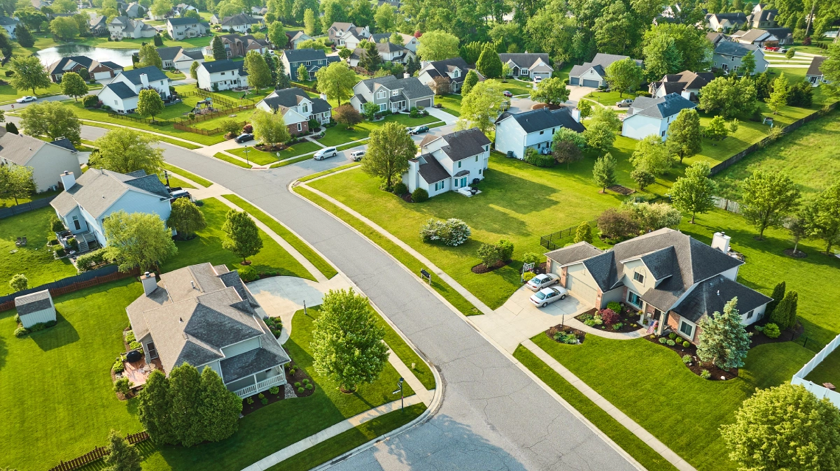 Suburban neighborhood aerial view.