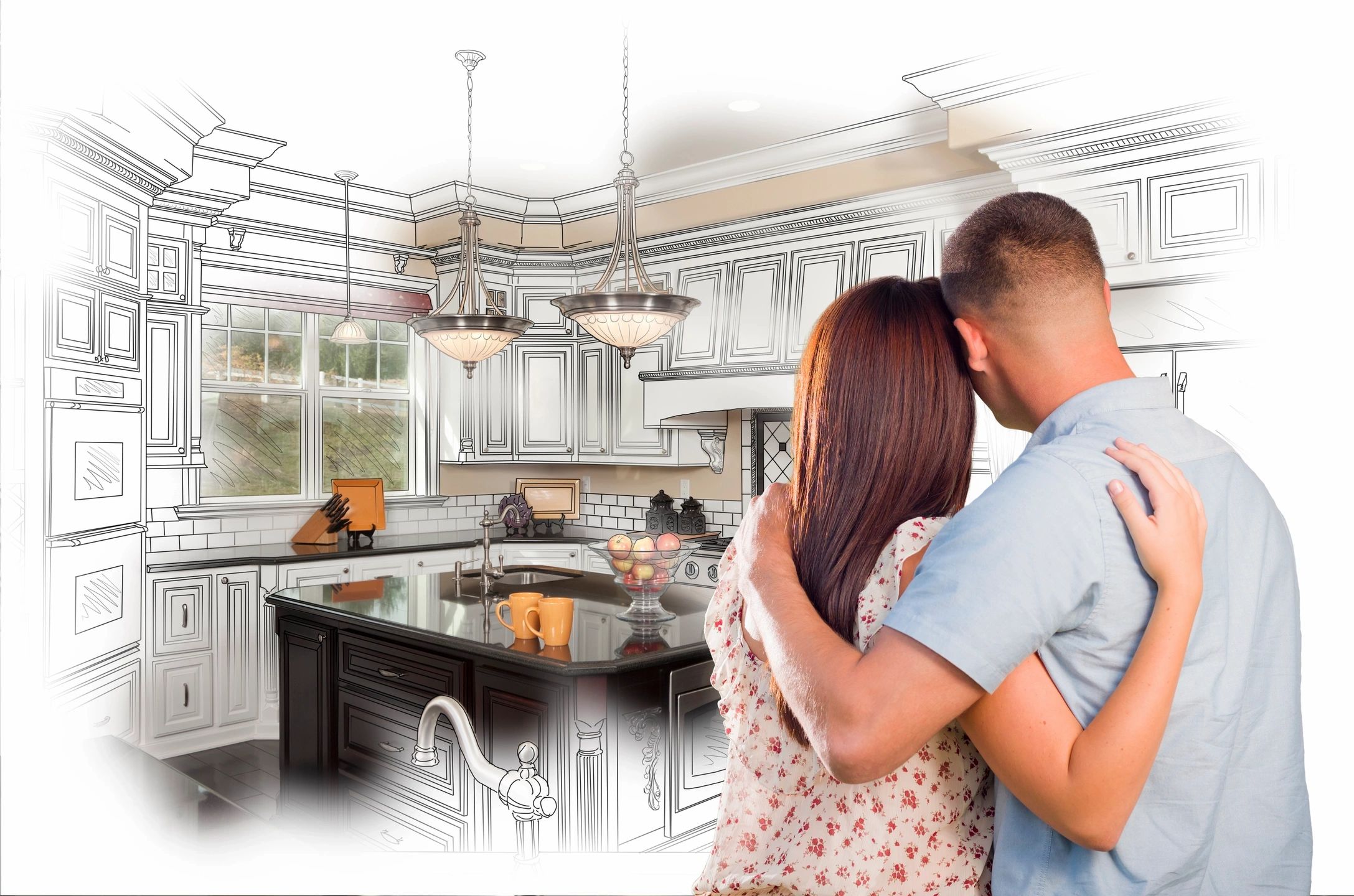 What benefits A couple is hugging in the kitchen of their new home.
